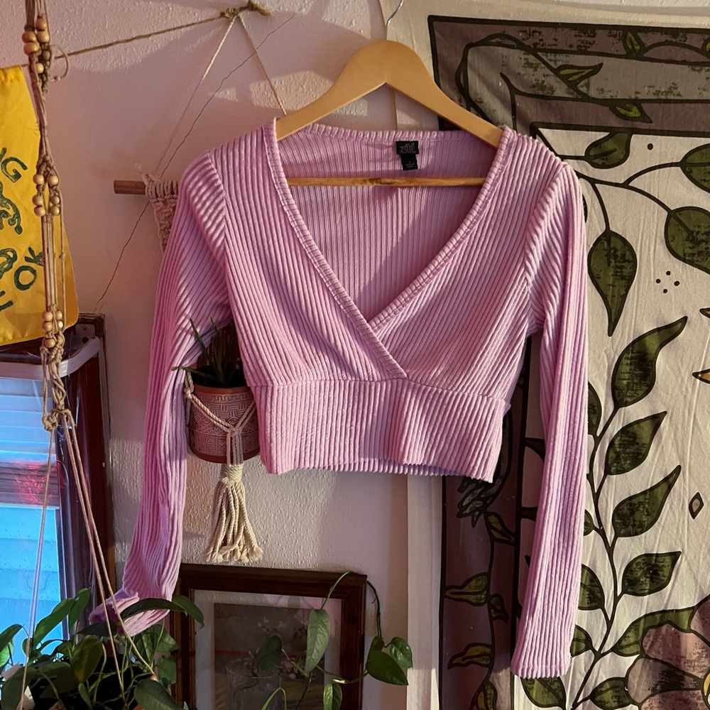 Purple V-Neck Ribbed Long Sleeve Crop Top